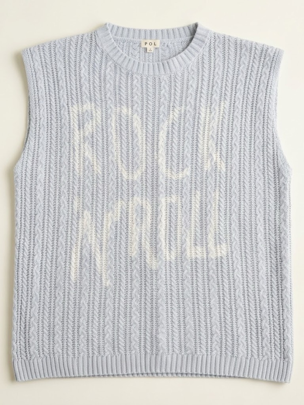 POL Rock & Roll Cable Knit Sweater Vest Light Blue Padded Shoulder NWOT M